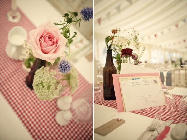 Table Setting, Picnic style - gingham runners like tableclothes where couple met