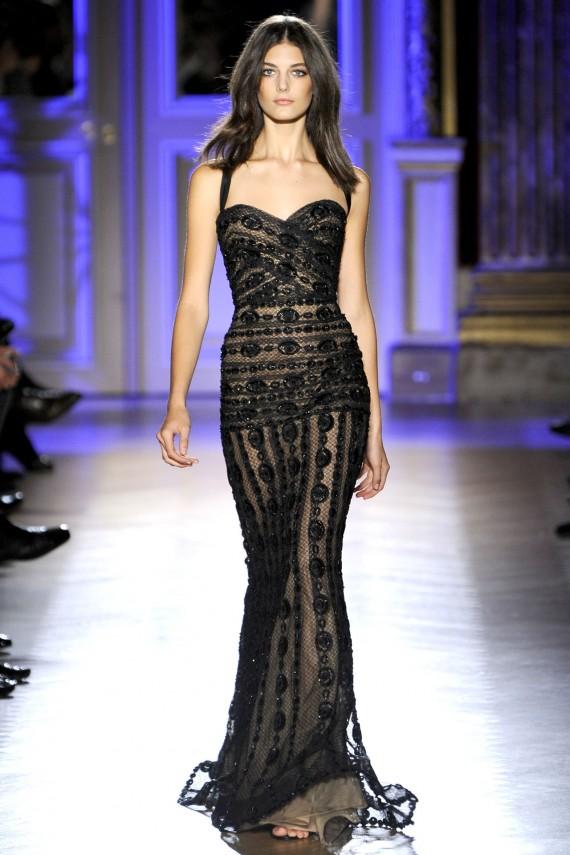 Dresses with Drama, Zuhair Murad, Couture, 2012, fashion, dress, black, lace, sheer, nude, long, fit
