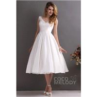 Elegant A-Line V-Neck Tea Length Satin Wedding Dress CWXA13001 - Top Designer Wedding Online-Shop
