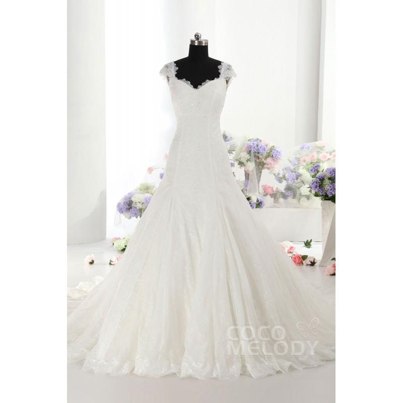 My Stuff, Trendy A-line Straps Train Lace Ivory Sleeveless Lace up-Corset Wedding Dress with Beading