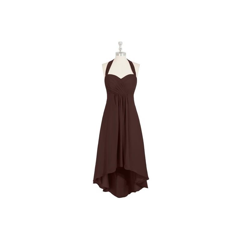 My Stuff, Chocolate Azazie Annabel - Chiffon Asymmetrical Back Zip Halter Dress - Charming Bridesmai