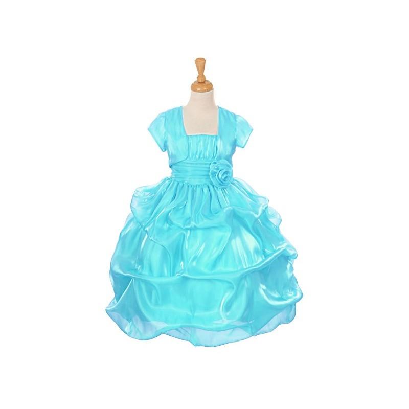 My Stuff, Turquoise Satin Organza Pickup Dress w/ Gathered Top & Bolero Style: D6326 - Charming Wedd