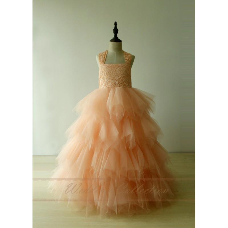 wedding, Blush Lace Flower Girl Dress Cross Back Tulle Ball Gown Floor Length - Hand-made Beautiful