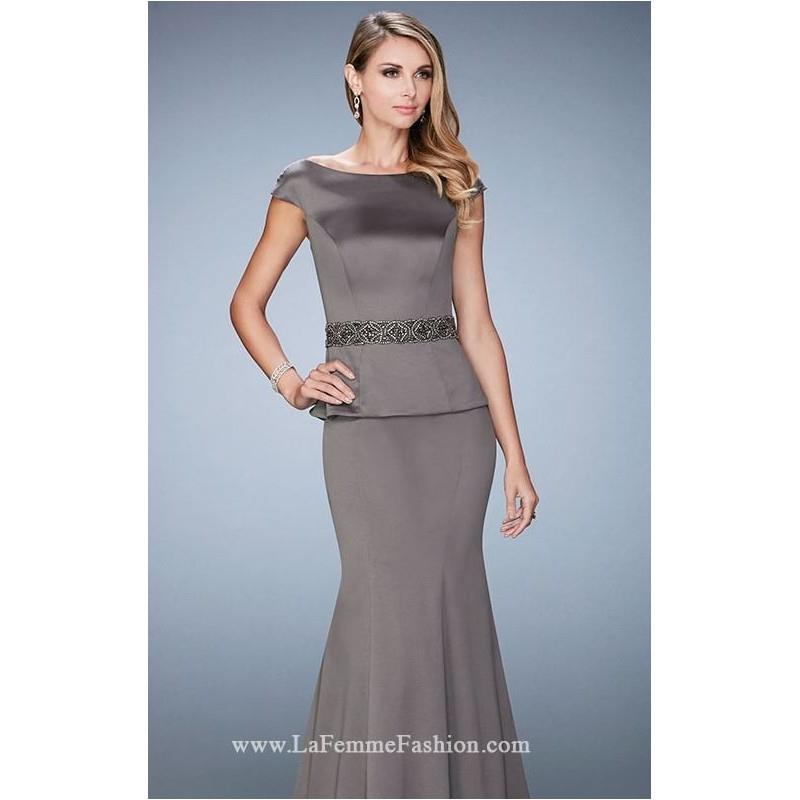 My Stuff, Pewter Beaded Long Gown by La Femme Evening - Color Your Classy Wardrobe