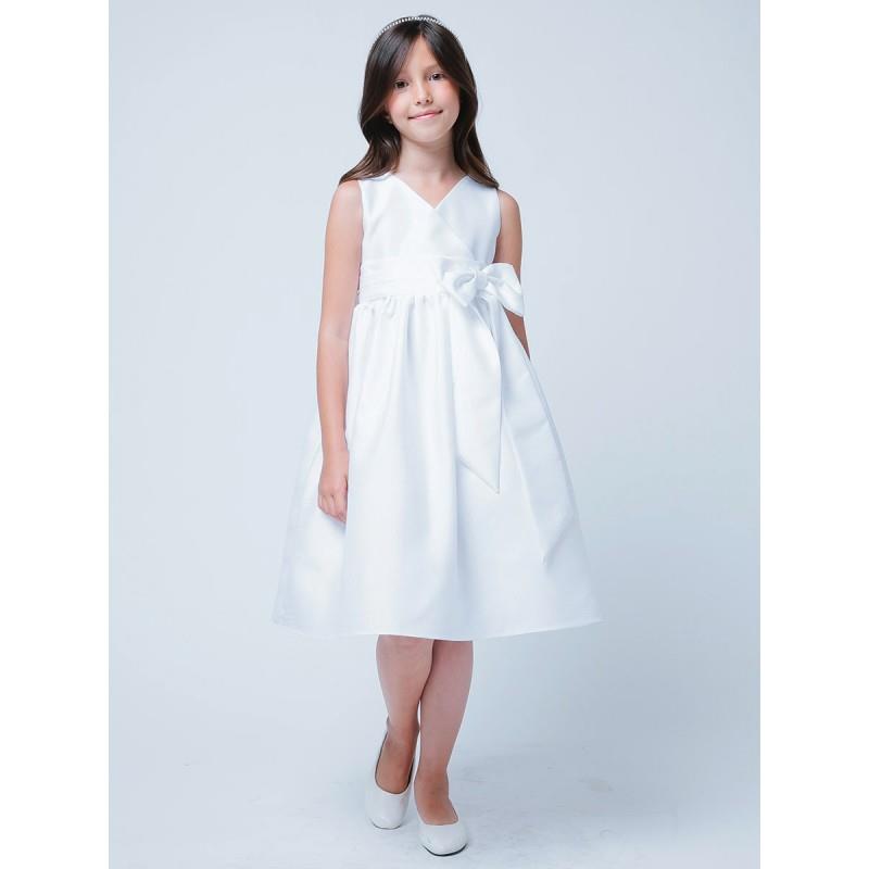 My Stuff, White V-Neck Poly Dupioni Dress w/ Bow Style: DSK543 - Charming Wedding Party Dresses|Uniq