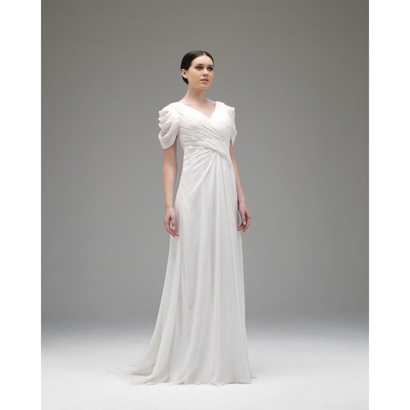 My Stuff, Simple A-line V-neck Short Sleeve Beading Ruching Floor-length Chiffon Wedding Dresses - D