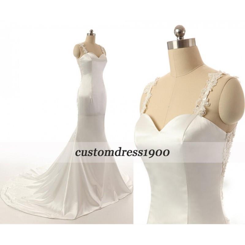 My Stuff, Vintage Sweep Train Wedding Dress White/Ivory Handmade Satin Mermaid Wedding Gowns Cap Sle