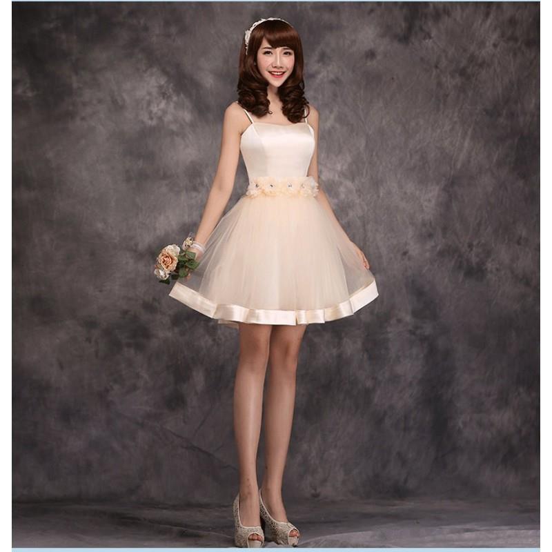 My Stuff, Slender Strape Champagne Bridesmaid Dress, Knee-length,  Satin and Tulle with Silk Trim -