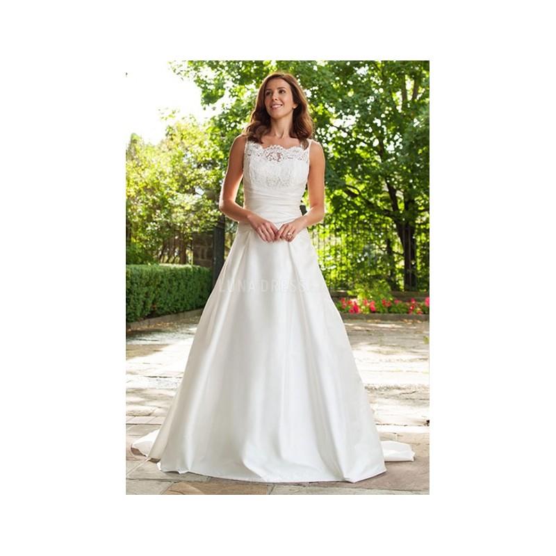 My Stuff, Classic A line Bateau Neck Satin & Lace Floor Length Wedding Dress With Ruching - Compelli