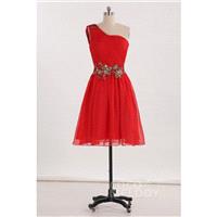 A-Line One Shoulder Natural Knee Length Chiffon Fiery Red Sleeveless Side Zipper Party Dress Appliqu