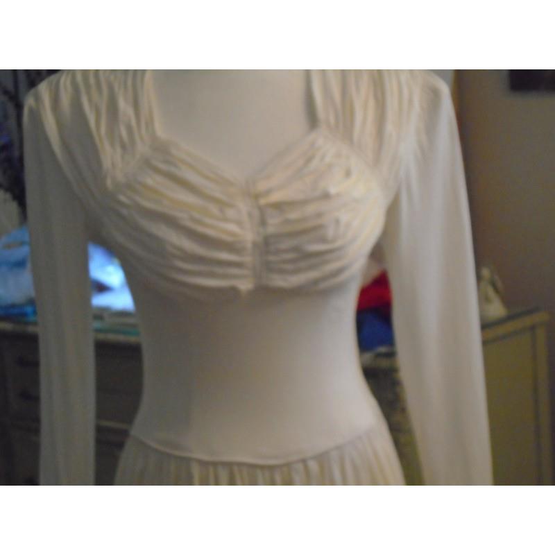 My Stuff, White rayon jersey ruched/gathered  wedding dress gown circa 1940s with padded shoulders a
