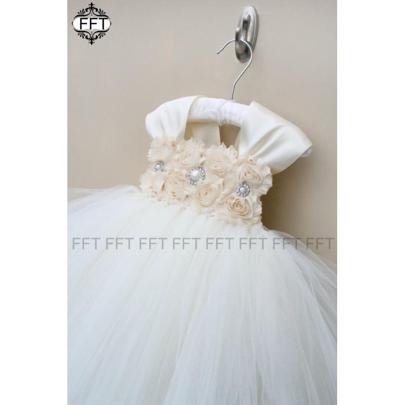 My Stuff, Champagne & Ivory Flower Girl Dress With Cap Sleeves - Hand-made Beautiful Dresses|Unique