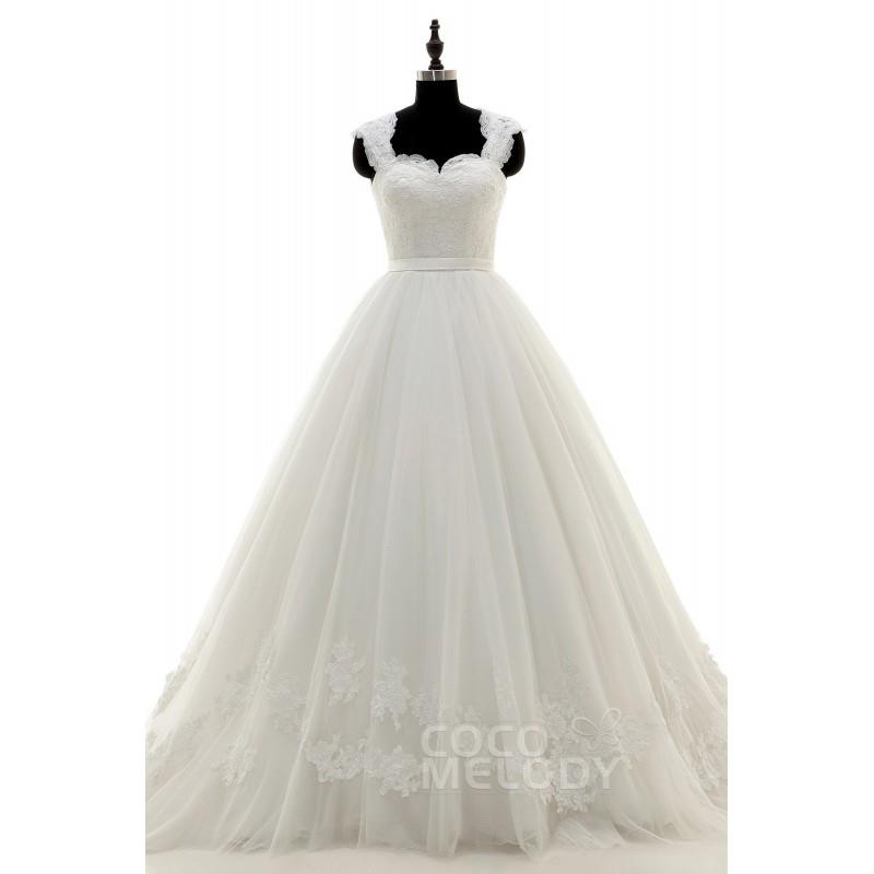My Stuff, Perfect Queen Anne Court Train Tulle and Lace Ivory Sleeveless Wedding Dress with Applique