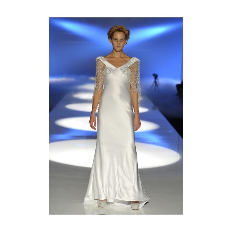 My Stuff, David Fielden - 2013 - Silk Satin V-Neck Sheath Wedding Dress with Sheer Lace Sleeves - St