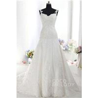 Dreamy A-Line Spaghetti Strap Dropped Train Lace Ivory Sleeveless Zipper With Buttons Wedding Dress