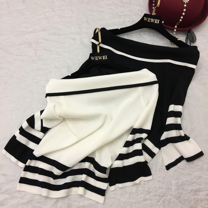 My Stuff, Vogue Split Solid Color Slimming Flare Sleeves Bateau Meryl Stripped Knitted Sweater - bee