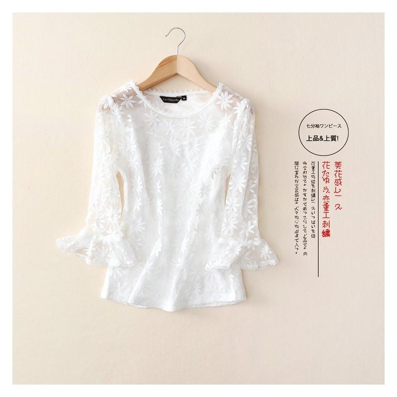 My Stuff, Sweet Embroidery Slimming Flare Sleeves Princess Fine Lady Summer Lace Top Lace Top - Lafa