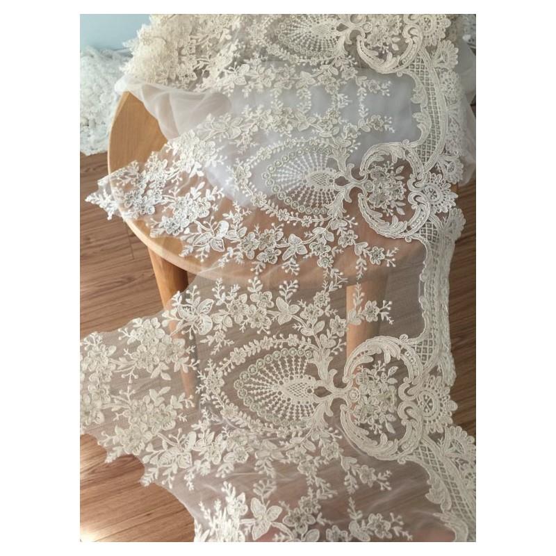 My Stuff, Gorgeous Alencon Lace Trim in champagne Cream with Gold Thread for Wedding Gown, Bridal Ac