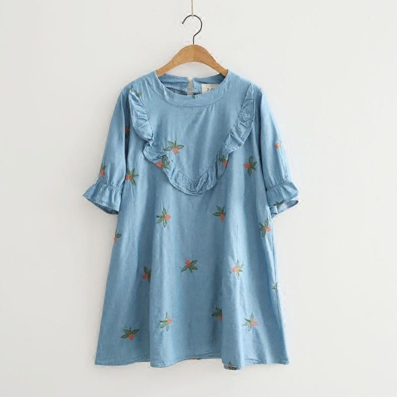 My Stuff, Oversized Embroidery Scoop Neck Short Sleeves Floral Cartoon Summer Dress - Lafannie Fashi