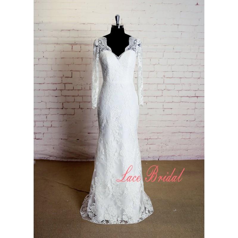 My Stuff, Long Sleeves Wedding Dress with V Back Sheath Style Bridal Gown with Elegant Lace Applique