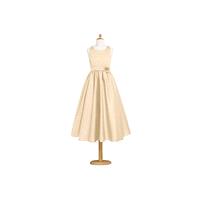 Champagne Azazie Coraline JBD - Scoop Tea Length Satin Strap Detail Dress - Charming Bridesmaids Sto