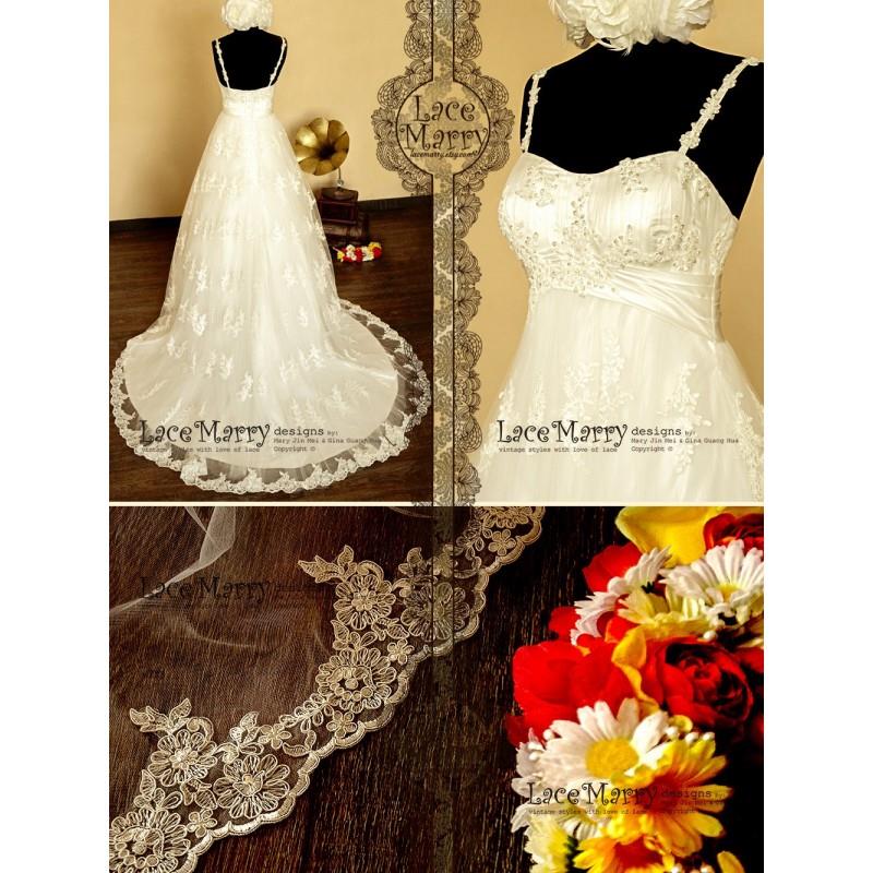 My Stuff, Delicate Flower Appliqué Lace Empire Waist Wedding Dress with Floral Spaghetti Straps and