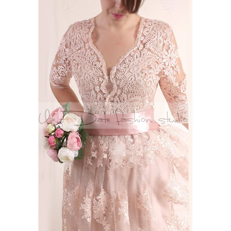 My Stuff, Plus Size Lace short/ blush pink wedding party / lace dress with sleeves Bridal Gown - Han