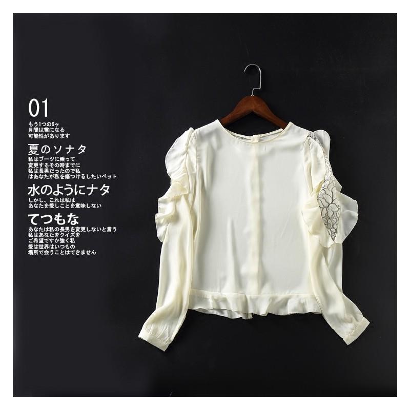 My Stuff, Split Front Hollow Out Scoop Neck Spring Frilled Long Sleeves Lace Chiffon Top - Lafannie