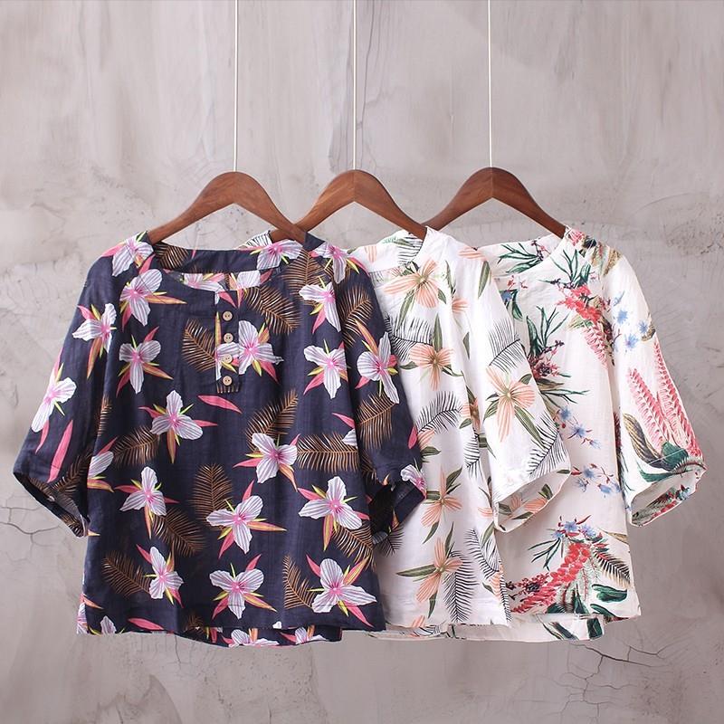 My Stuff, Must-have Printed Slimming Ramie Summer Short Sleeves Blouse Top - Discount Fashion in bee