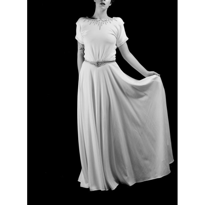 wedding, 1940 - Beaded Crepe Ivory Wedding Dress  - Made to Order - FREE SHIPPING WORLDWIDE - Hand-m