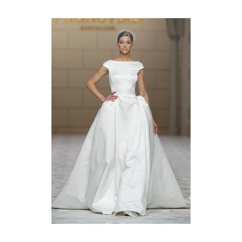 My Stuff, Pronovias - Fall 2015 - Casares Cap Sleeve Satin Bateau Neckline Ballgown Wedding Dress -