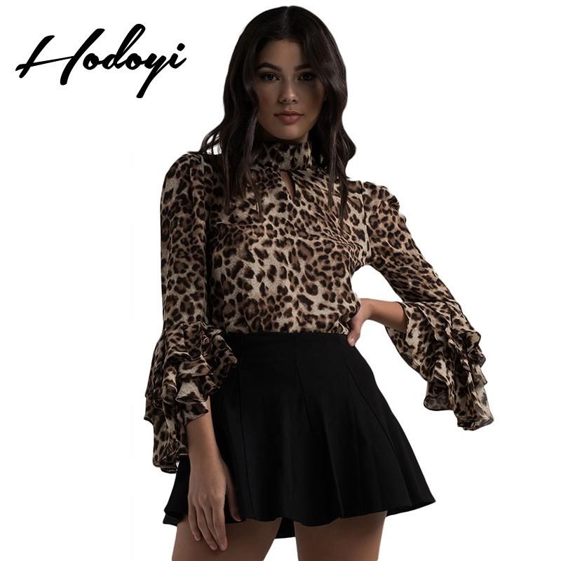 My Stuff, Vogue Sexy Printed High Neck 9/10 Sleeves Multi Layered Leopard Spring Frilled Blouse - Bo