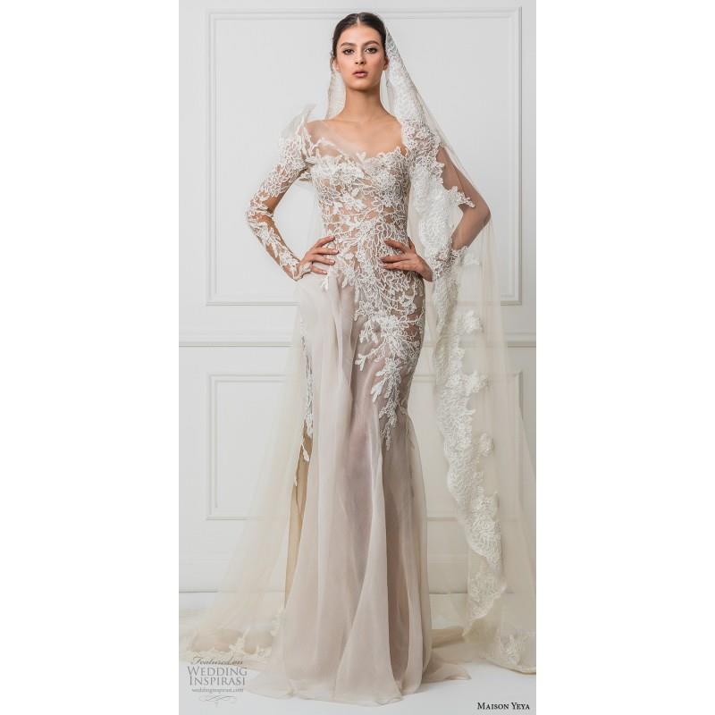 wedding, Maison Yeya 2017 Appliques Nude Cathedral Train Split Silk Long Sleeves Fit & Flare Illusio