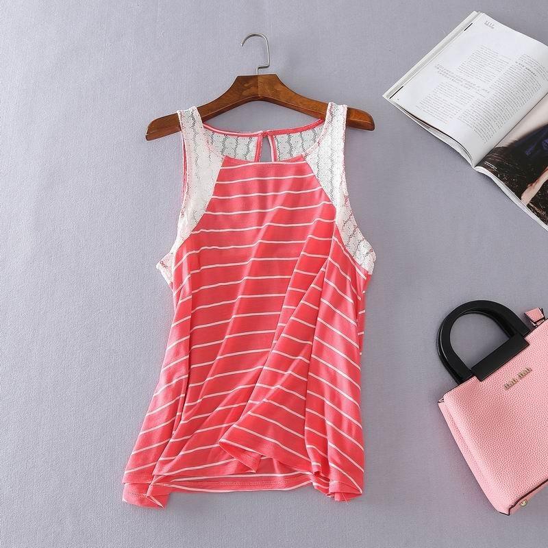 My Stuff, Must-have Split Front Slimming Lace Stripped Soft Comfortable Sleeveless Top - Discount Fa