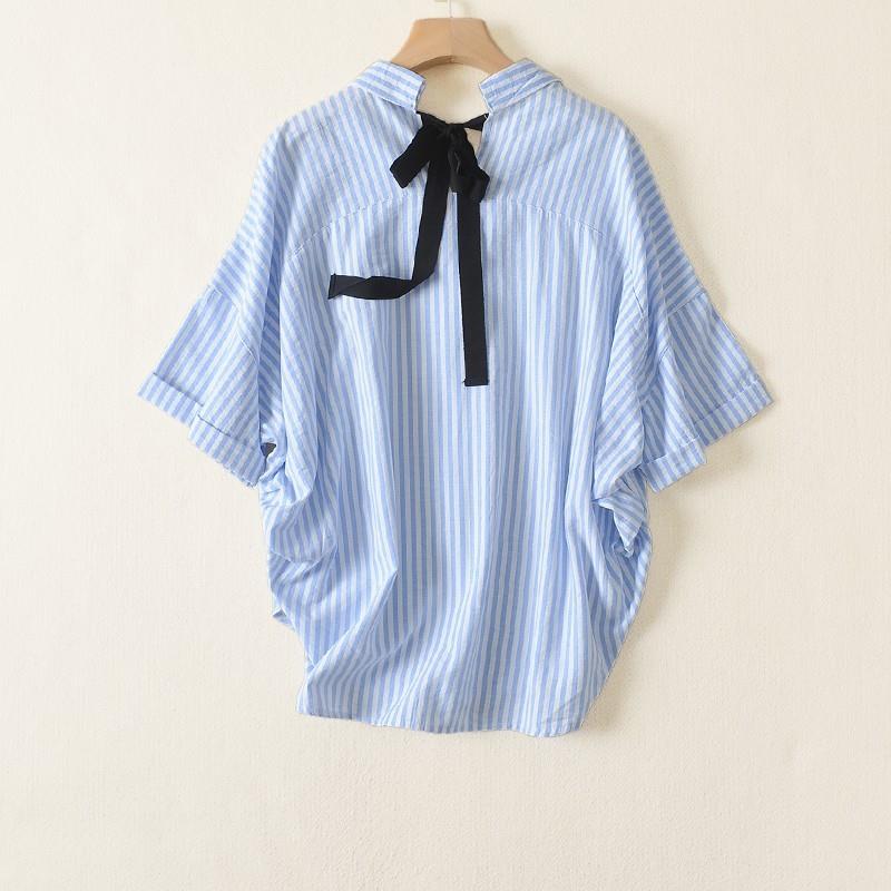 My Stuff, Oversized Simple Bow Bat Sleeves Blouse Stripped Short Sleeves Cozy Top Blouse - Lafannie