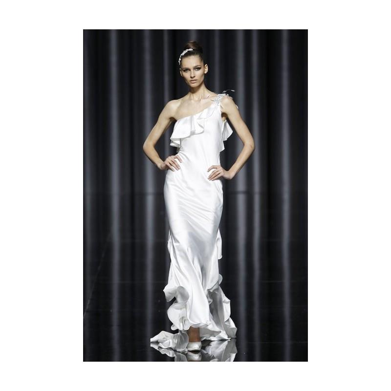 My Stuff, Pronovias - Fall 2012 - One-Shoulder Silk Satin Sheath Wedding Dress with a Ruffle Necklin