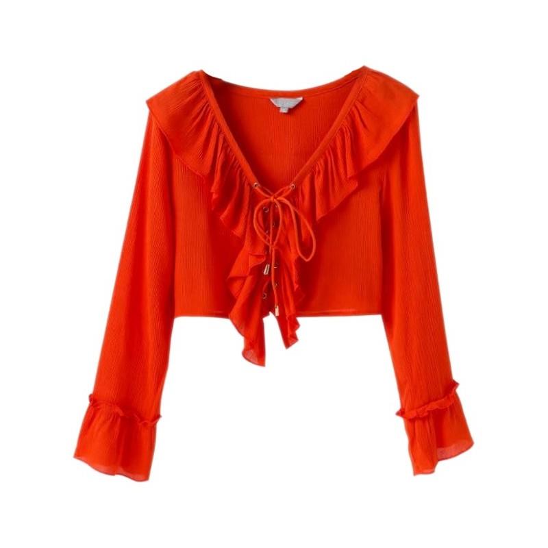 My Stuff, Must-have Flare Sleeves One Color Frilled Long Sleeves Crop Top Top Blouse - Lafannie Fash