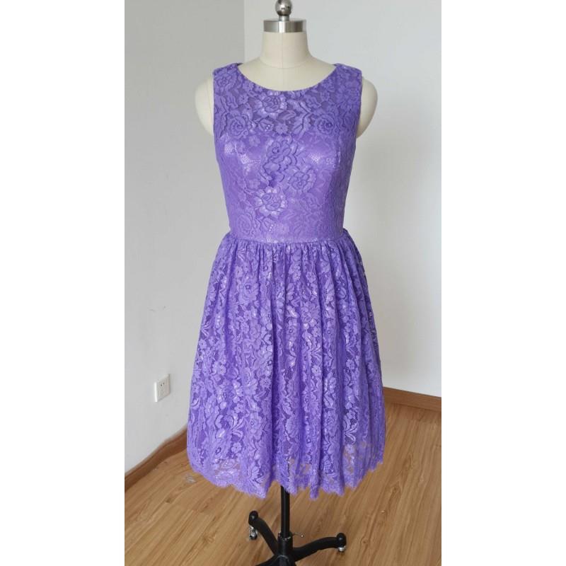 My Stuff, 2015 Scoop Bright Purple Lace Short Bridesmaid Dress with Back Buttons - Hand-made Beautif