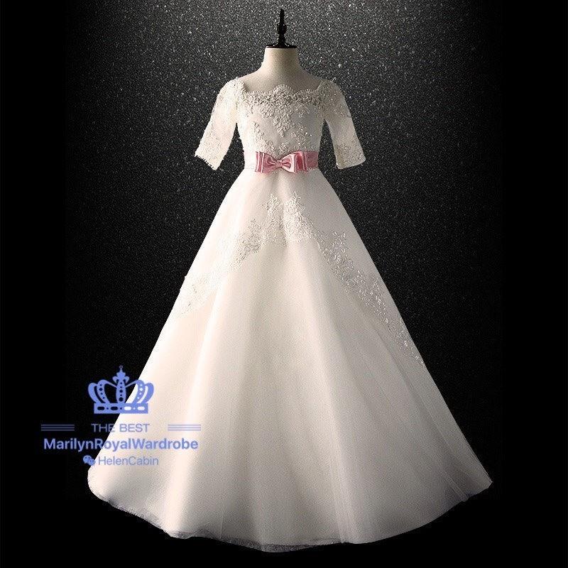 My Stuff, Ivory Lace Tulle Trailing Flower Girl Dress Wedding Junior Bridesmaid With 1/2 Long Sleeve