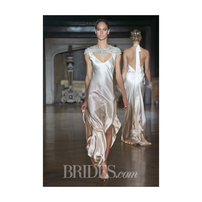 My Stuff, Johanna Johnson - Fall 2014 - Silk V-Neck Sheath Wedding Dress with a Jeweled Neckline and