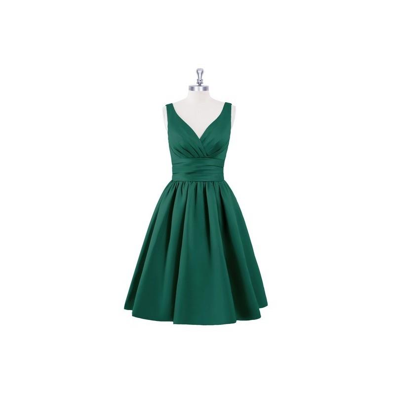 My Stuff, Dark_green Azazie Alexandra - Back Zip V Neck Knee Length Satin Dress - Charming Bridesmai