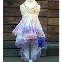 Girls size 5-6. Pink purple beige bohemian flower girl. Mori Girl dress with loads of lace. Rustic f