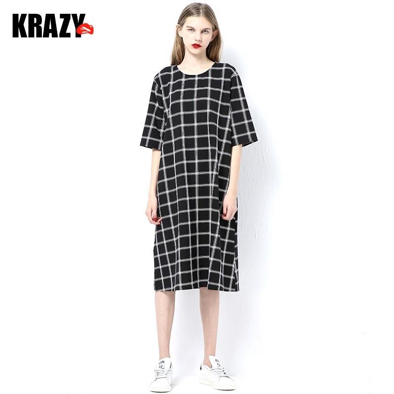 wedding, Comfortable cotton loose cut chequered dress with long sleeves in summer 7536 - Bonny YZOZO
