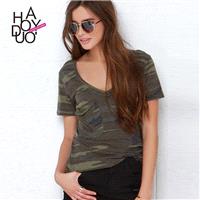 Street Style Sexy Army Slimming V-neck Summer Short Sleeves T-shirt Top - Bonny YZOZO Boutique Store