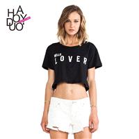 Street fashion around the letters printed short navel-baring black round-collar short sleeve women t