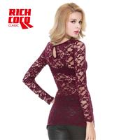 Must-have Sexy Seen Through Slimming Scoop Neck Long Sleeves Rose Top Lace Top Basics - Bonny YZOZO