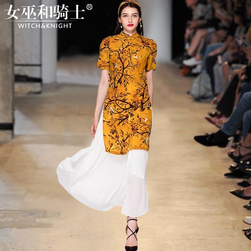 My Stuff, 2017 summer new retro cheongsam dress floral print Silk Mulberry Silk skirt fashion suit t