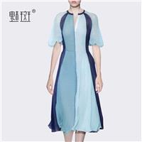 Vogue Attractive Contrast Color Plus Size A-line Bishop Sleeves Short Sleeves Silk Dress - Bonny YZO