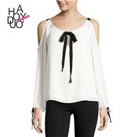 Fall 2017 women new style fashion bowknot chiffon off the shoulder long sleeve loose shirt - Bonny Y