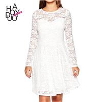 Ladies fall 2017 new stylish sweet lace a length pleated sleeves round neck dress - Bonny YZOZO Bout
